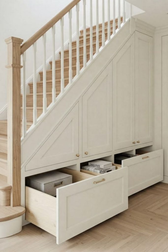 Hidden filing drawers under staircase.