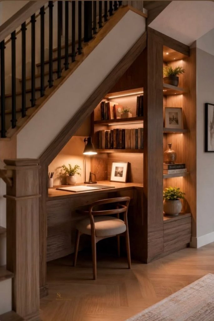 Hidden home office beneath staircase.