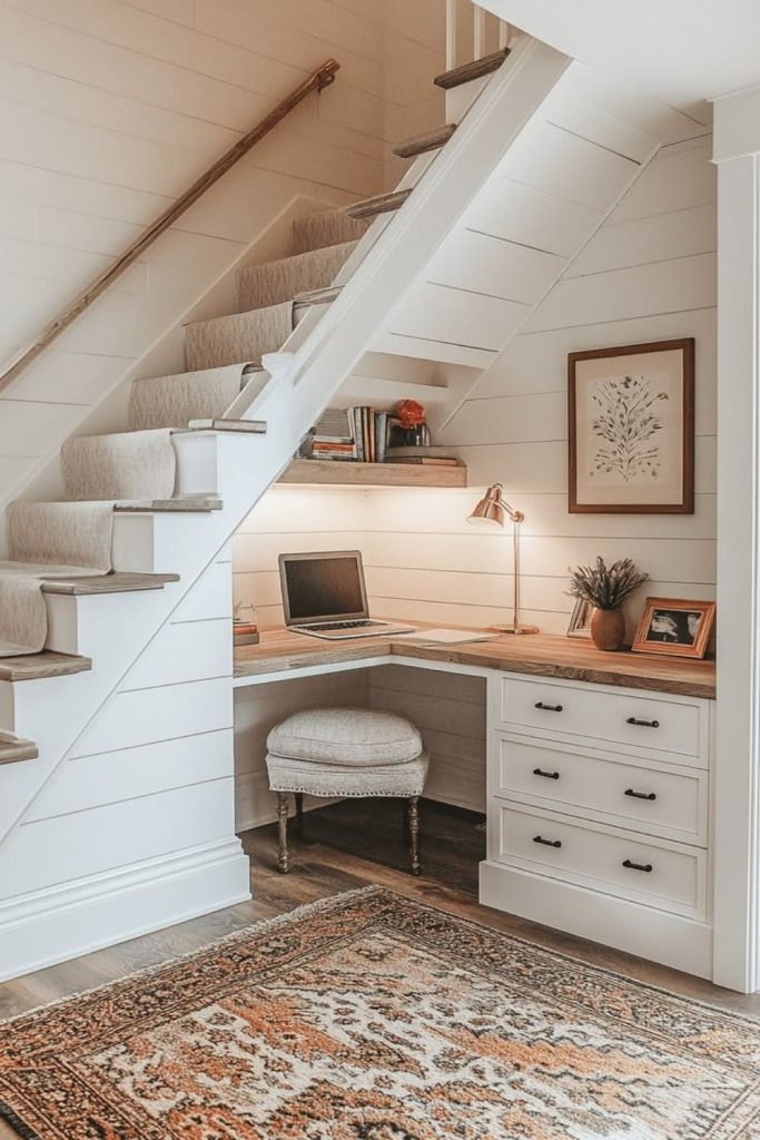 Compact homework station under stairs.
