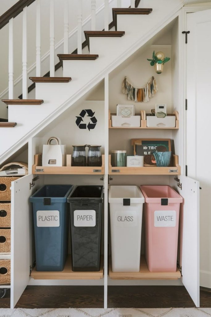 Hidden recycling center under stairs.