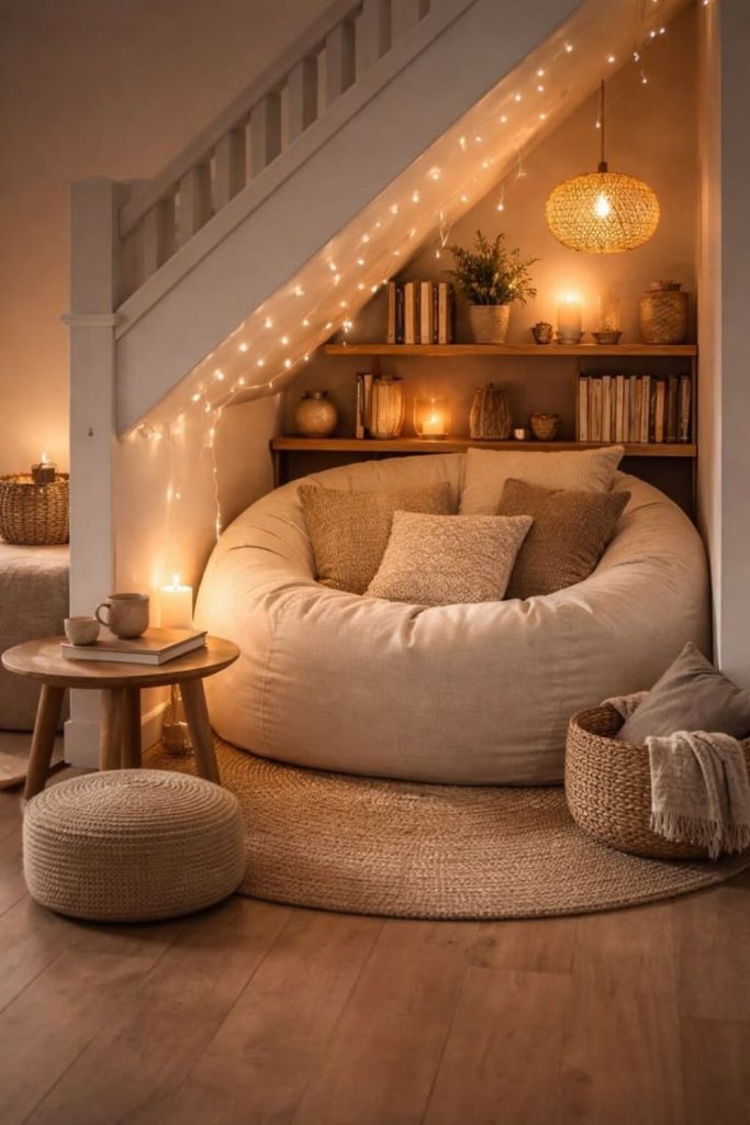 Hidden relaxation corner with comfortable seating.