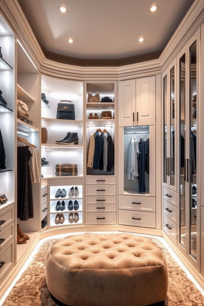 His-and-hers walk-in wardrobe storage design.
