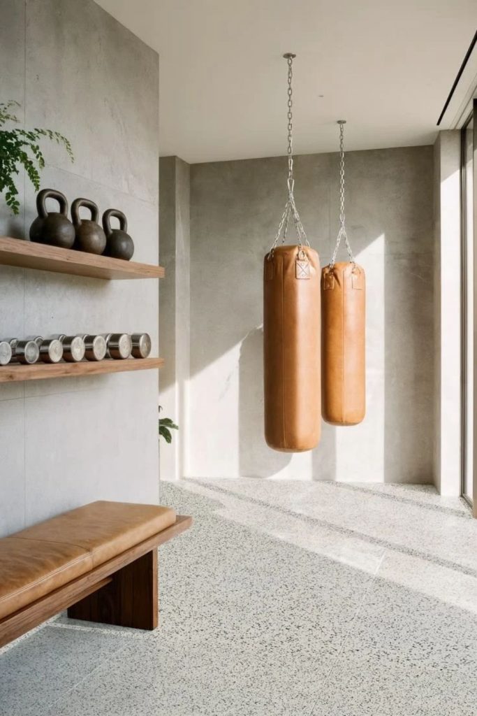 Home boxing studio with heavy bag.