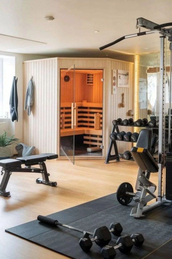 Home gym with sauna corner.