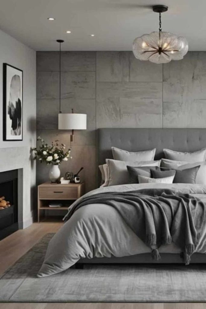 Mist grey modern elegant bedroom retreat.