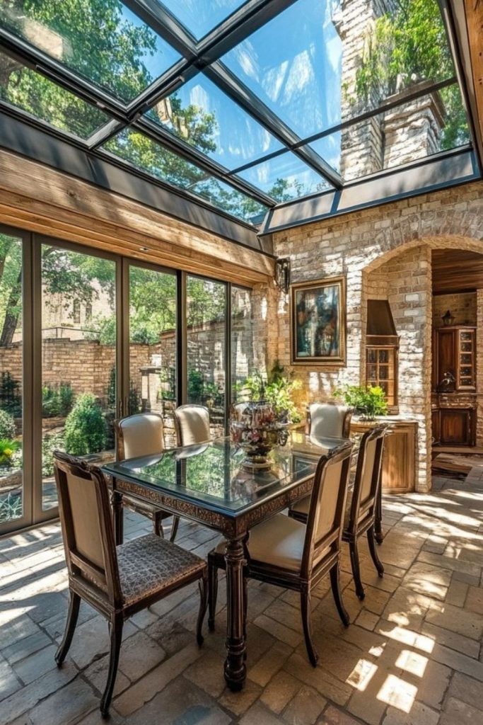 Elegant dining conservatory overlooking lush gardens.