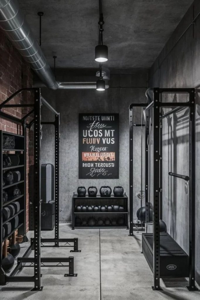 Industrial black home gym interior.
