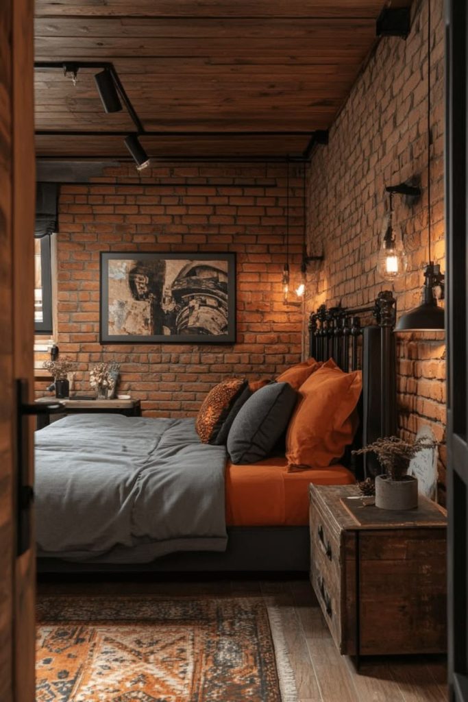 Industrial bedroom with exposed brick walls.