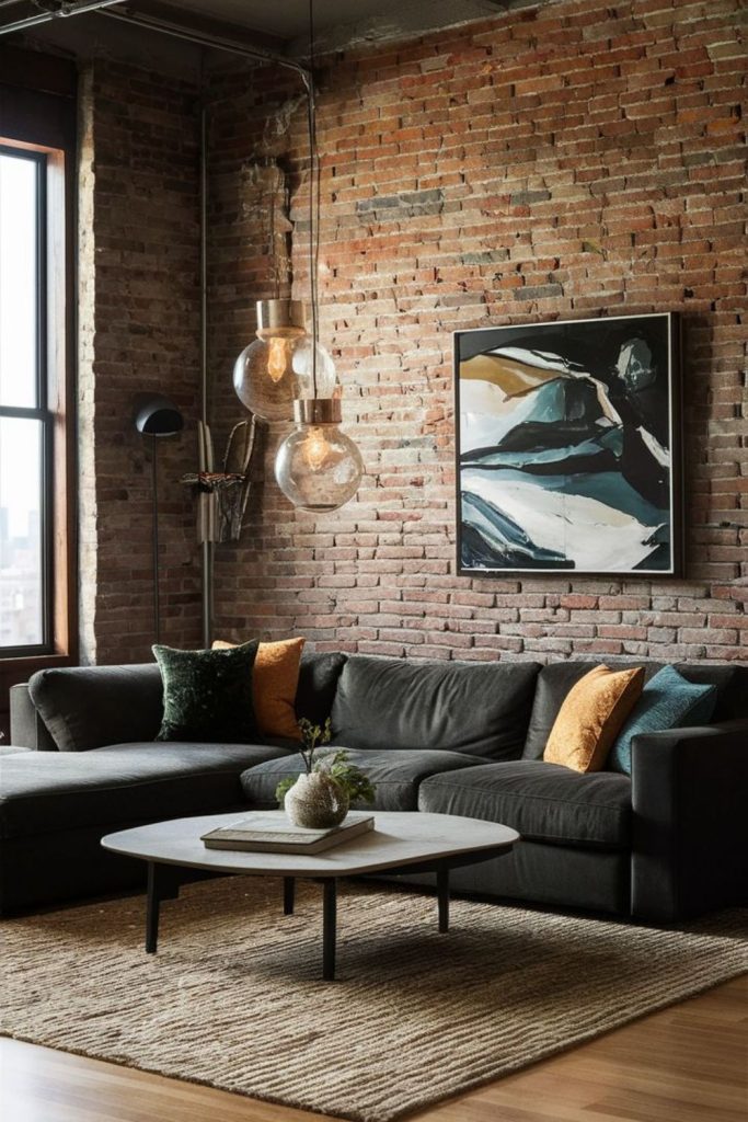 Industrial brick broken plan living room.