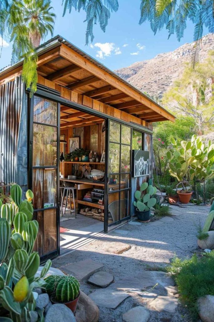 Industrial garden room studio interior.