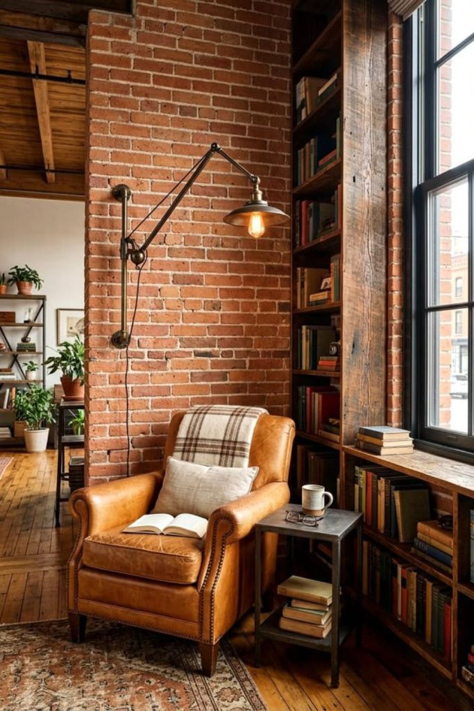 Industrial leather chair reading corner.