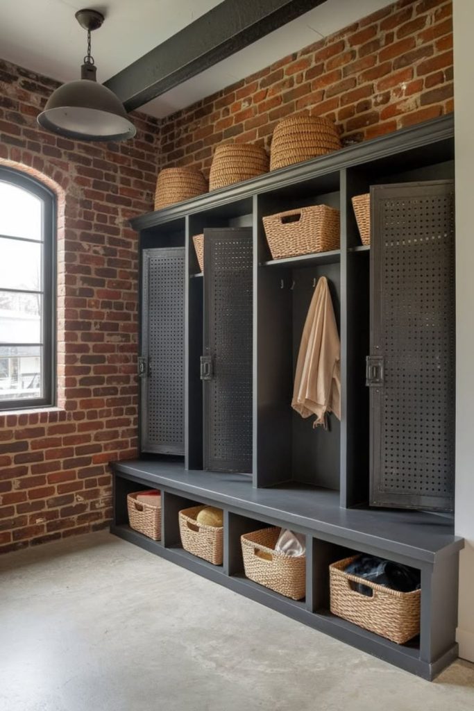 Industrial mudroom locker room design