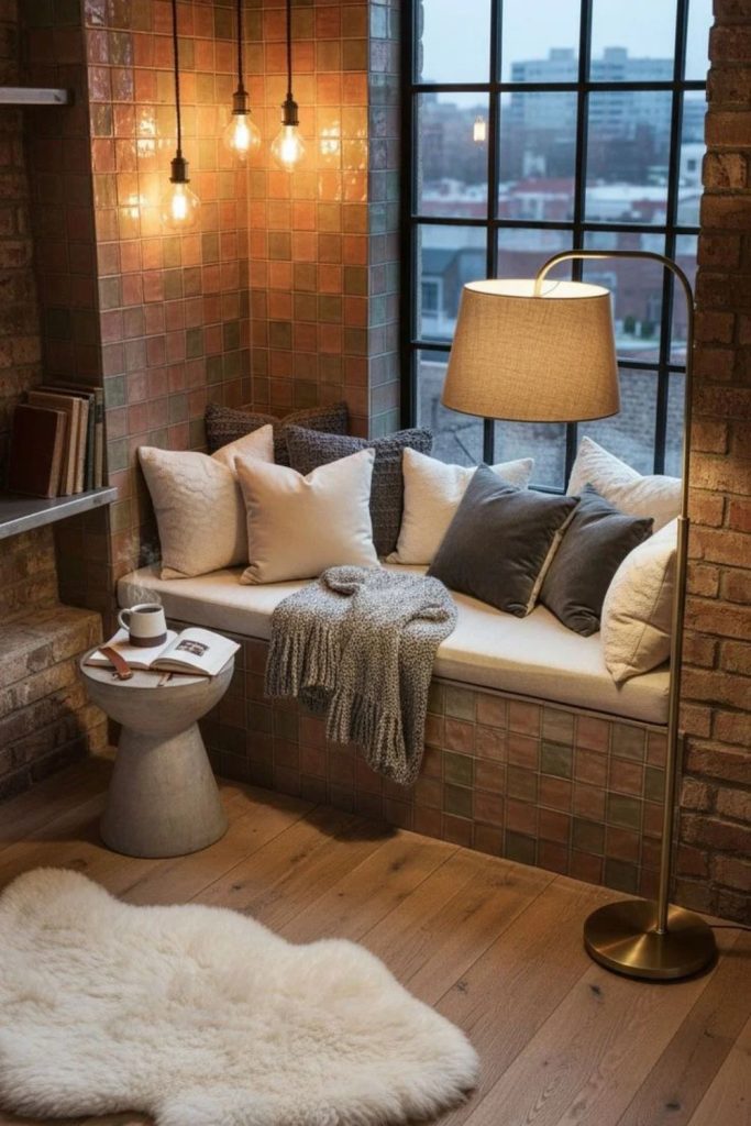 Industrial loft window seat nook.