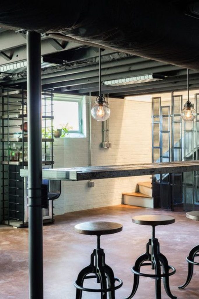 Industrial exposed pipe basement decor