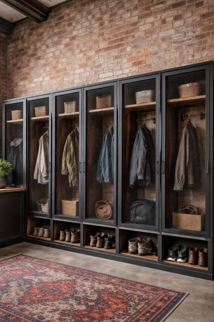 Industrial boot room with metal shelving.