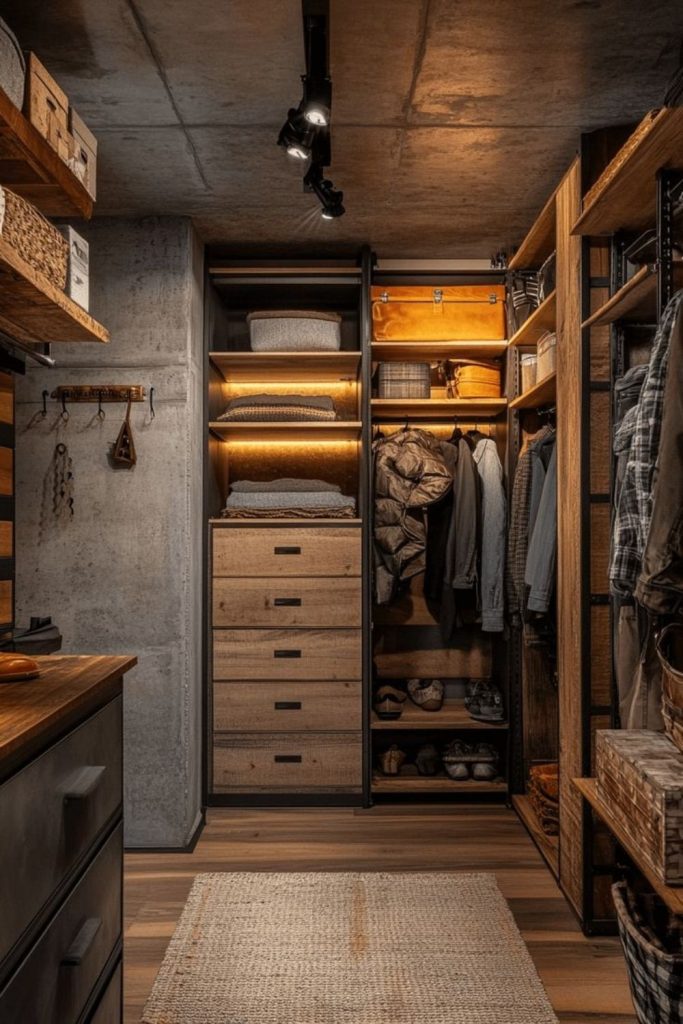Industrial-style walk-in wardrobe with metal.