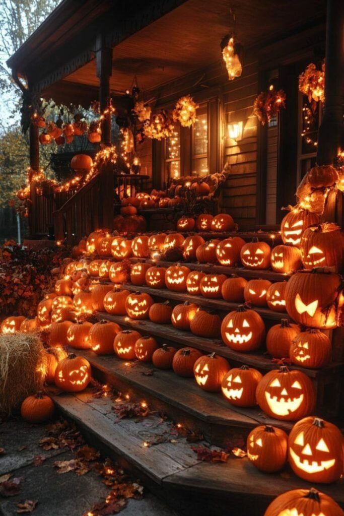Smiling jack-o'-lantern porch Halloween display.
