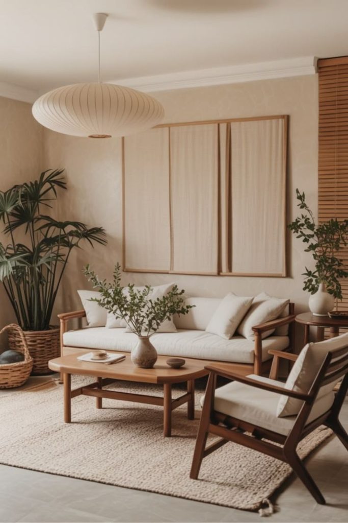 Boho-inspired Japandi living room.