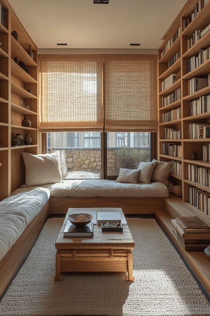 Japandi library corner with natural textures.