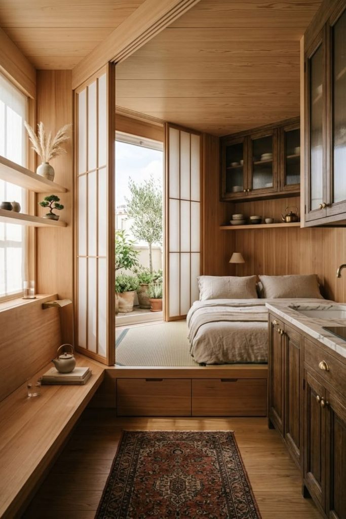 Japandi-inspired compact box room interior.