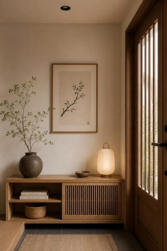 Japandi entryway with wooden bench