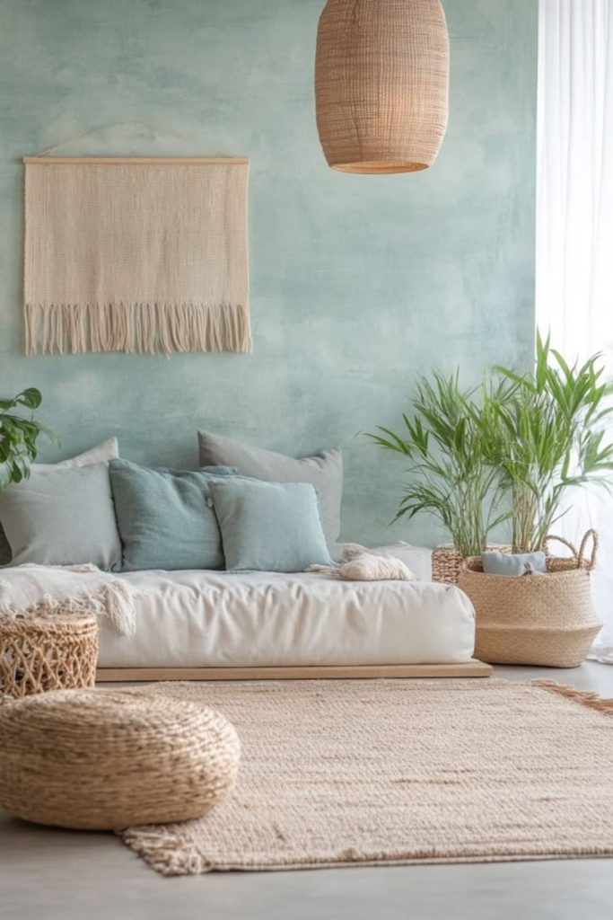 Coastal-inspired Japandi living room.