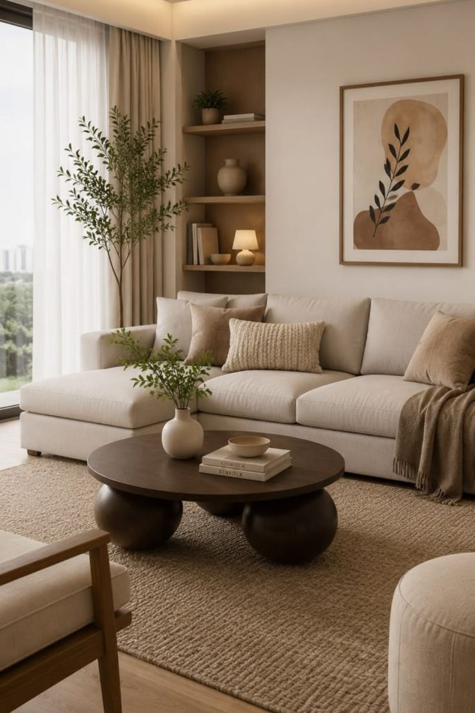 Earth-tone serene Japandi living room.