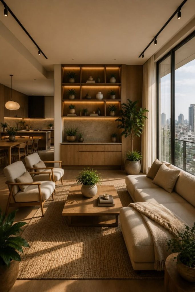 Family-friendly Japandi living room.