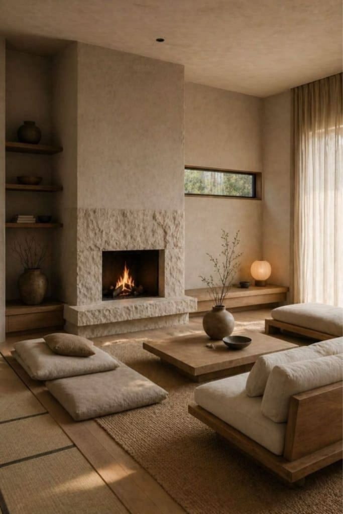 Japandi fireplace living room retreat.