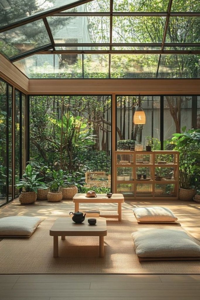 Serene Japandi conservatory with natural textures.