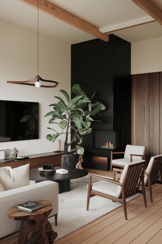 Luxurious Japandi living room interior.