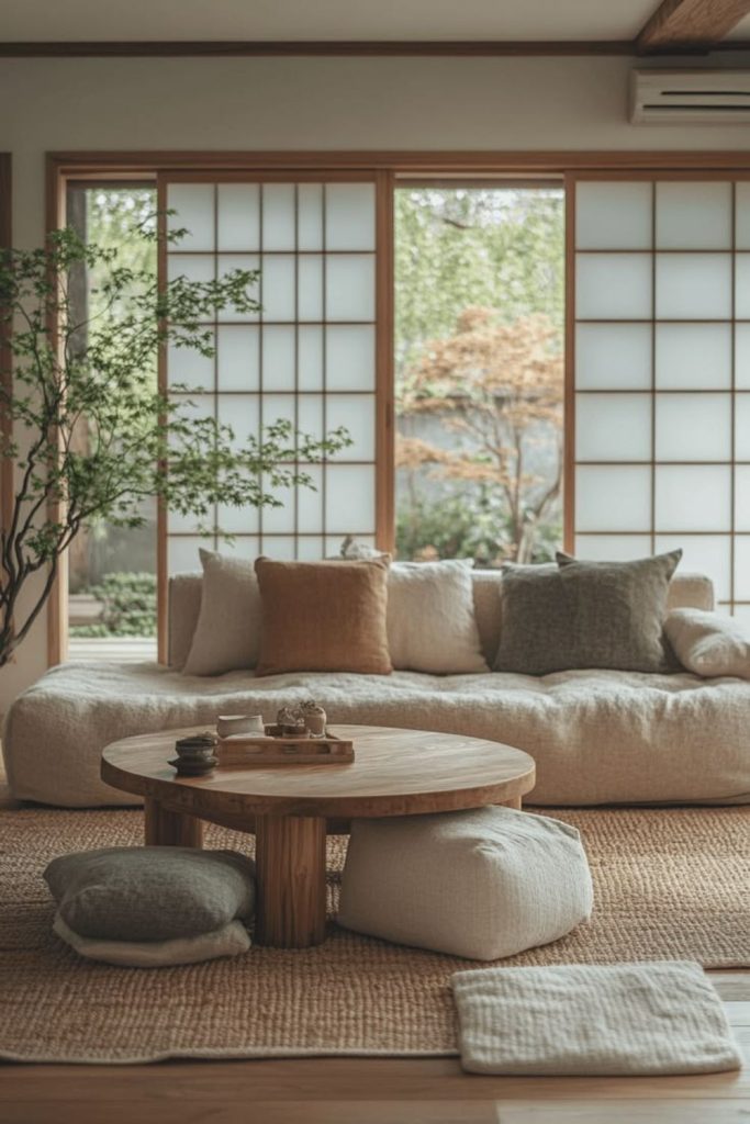 Cozy nighttime Japandi living room.