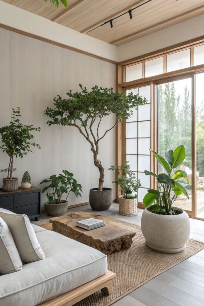 Plant-filled Japandi living room.