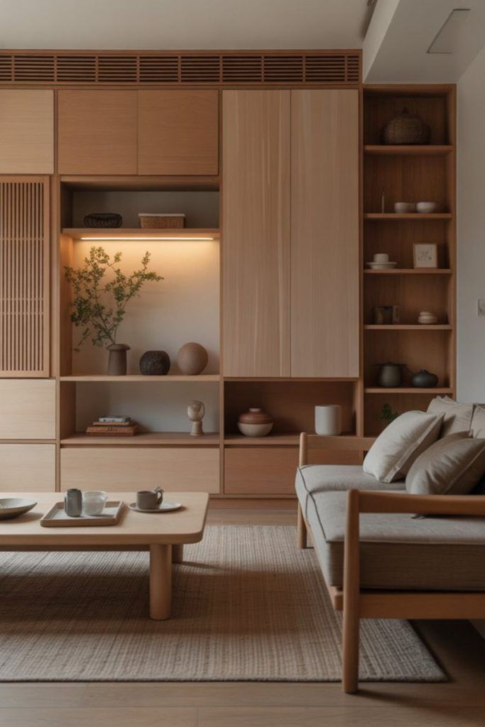 Japandi broken plan lounge design.