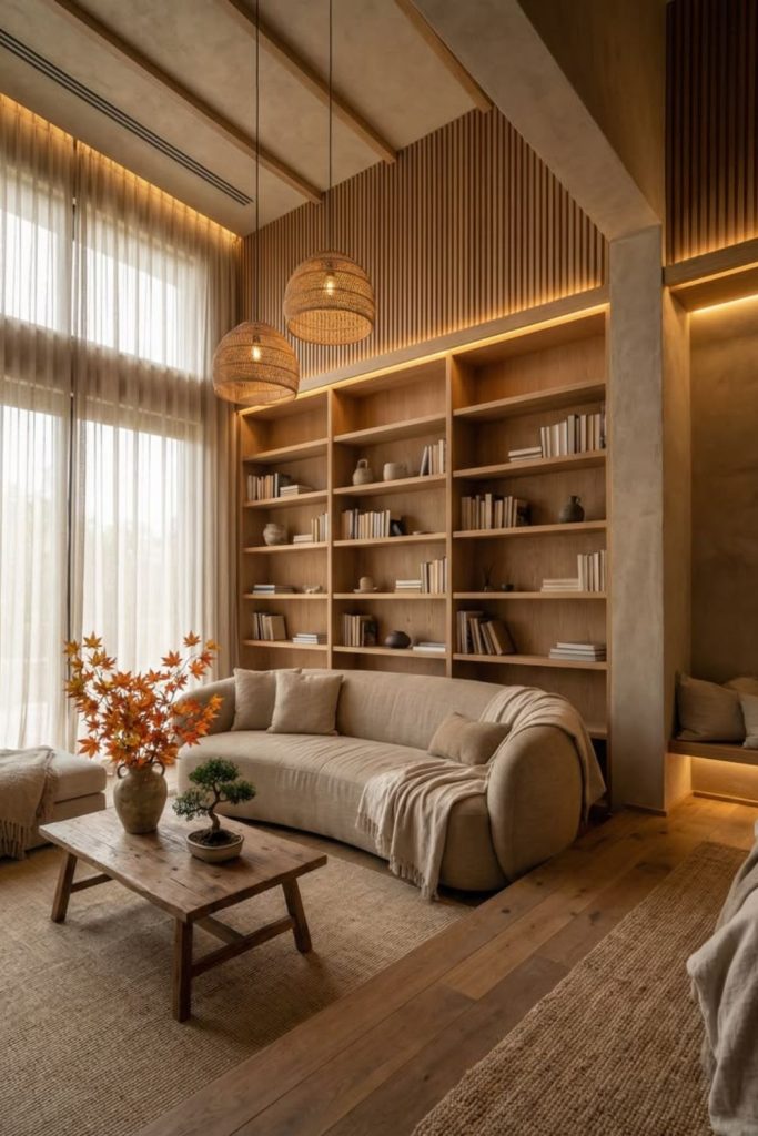 Japandi reading lounge living room.