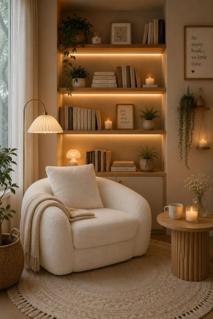 Japandi minimalist peaceful reading sanctuary.