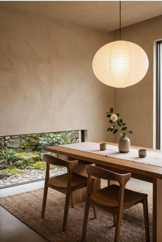 Japandi dining room with neutral furniture.