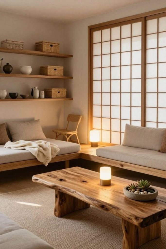 Sculptural sofa Japandi living room.