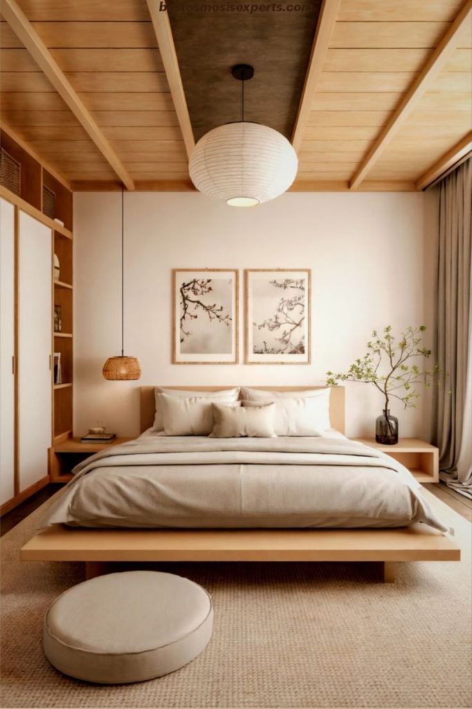 Japandi bedroom with minimalist wooden décor.