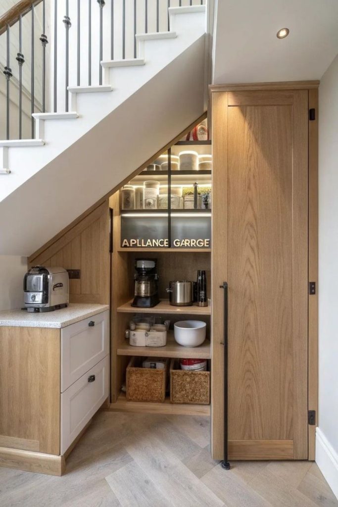 Hidden kitchen appliance storage cabinet.