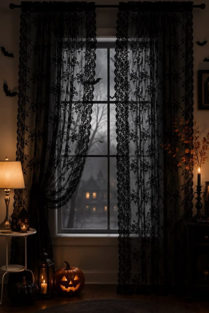 Lace curtain ghost corner Halloween display.