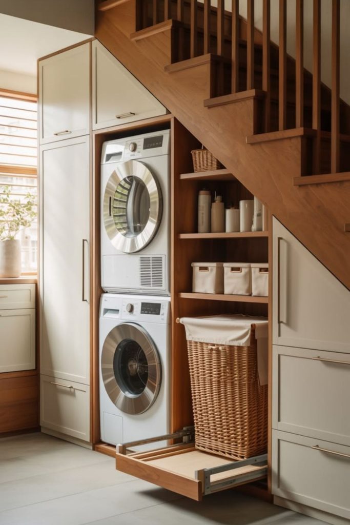 Hidden laundry basket storage station.
