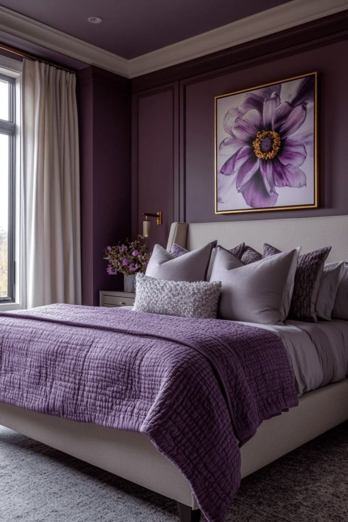 Lavender bedroom with romantic floral accents.