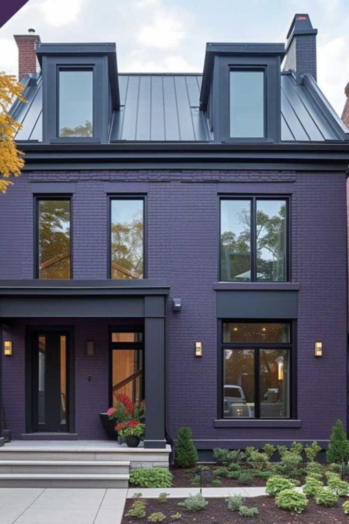 Lavender gray exterior with deep plum.