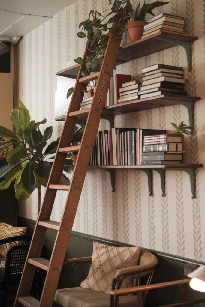 Library ladder tall bookshelf nook.