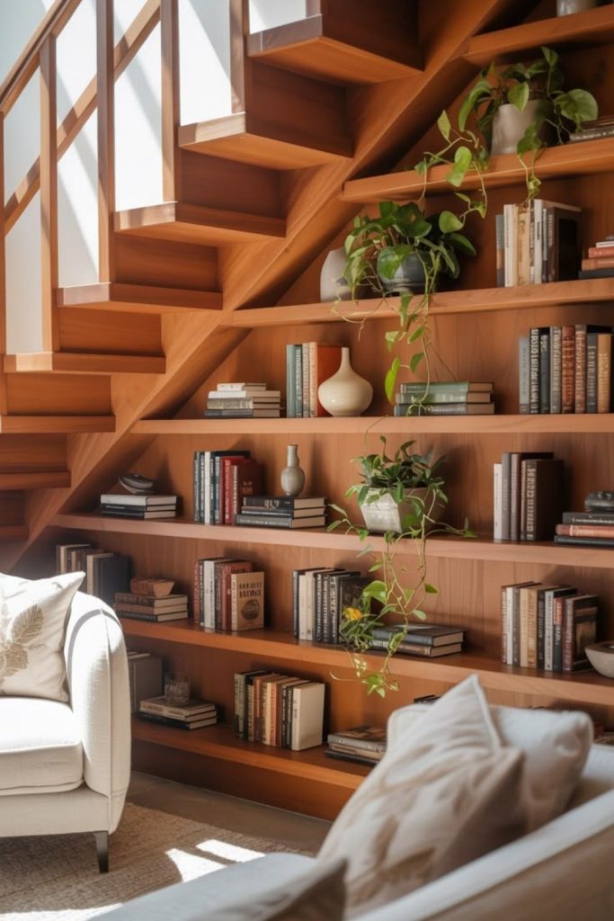 Under-stair library with compact reading bench.