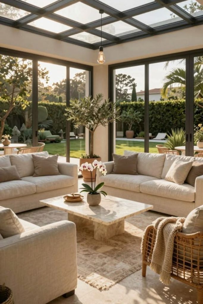 Luxurious contemporary conservatory with plush seating.