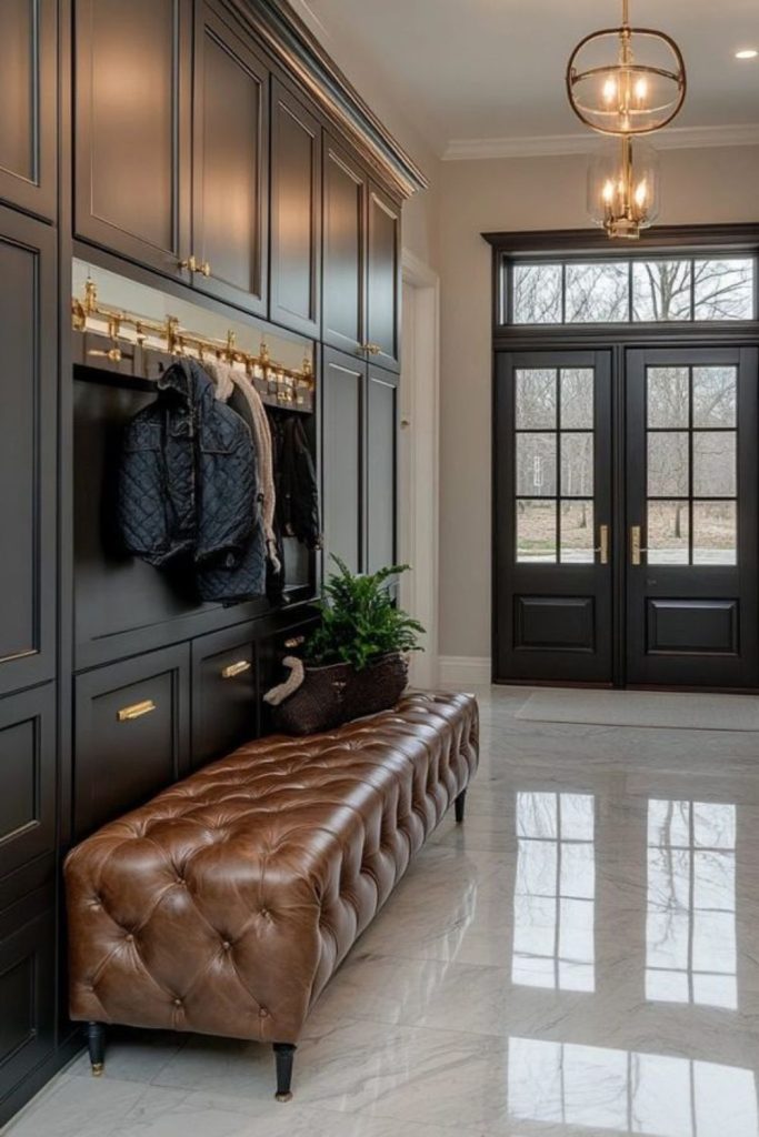 Luxurious marble boot room with cabinetry.