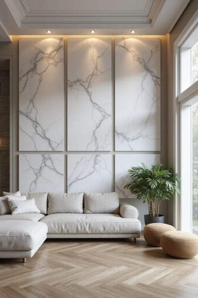 Luxe marble broken plan living room.