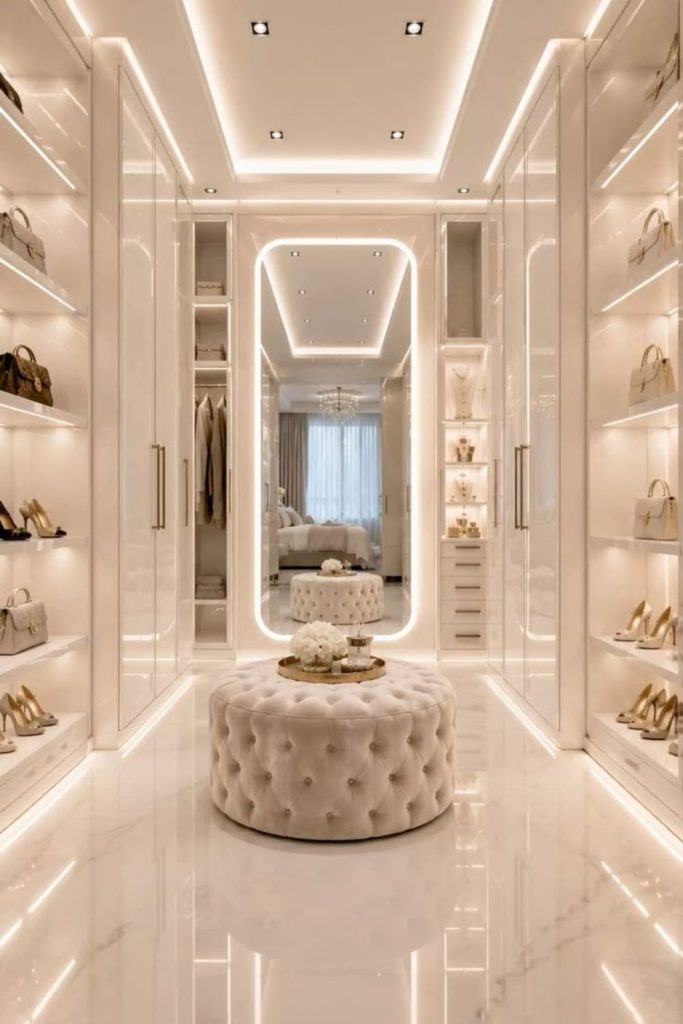 Luxurious marble walk-in wardrobe design.